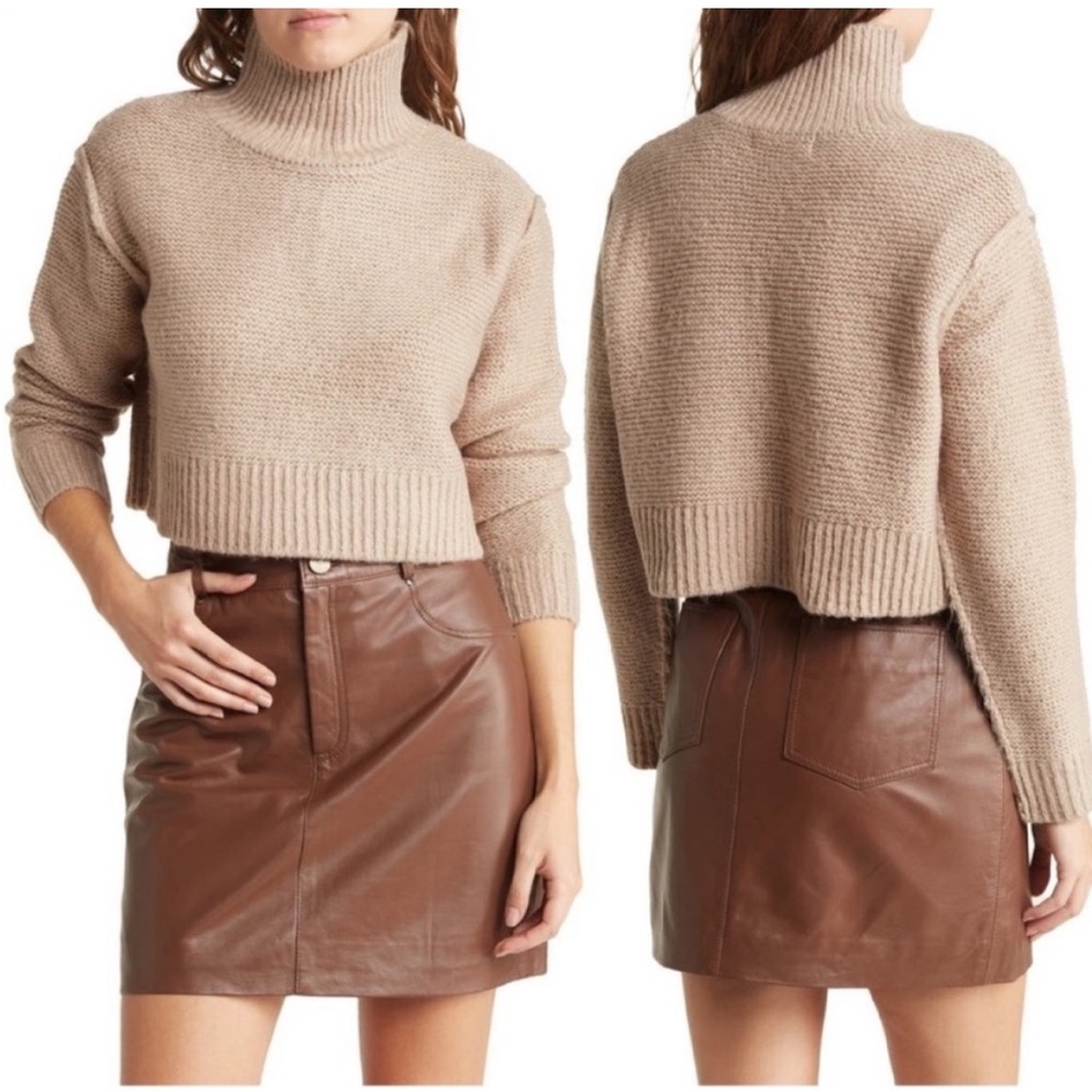 Elodie Brown Mock Neck Knit Cropped Sweater Medium